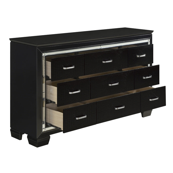 Black Finish Dresser Bold Desing 9 Drawers Glamorous Faux - Alligator Textured Fronts Wooden Bedroom Furniture