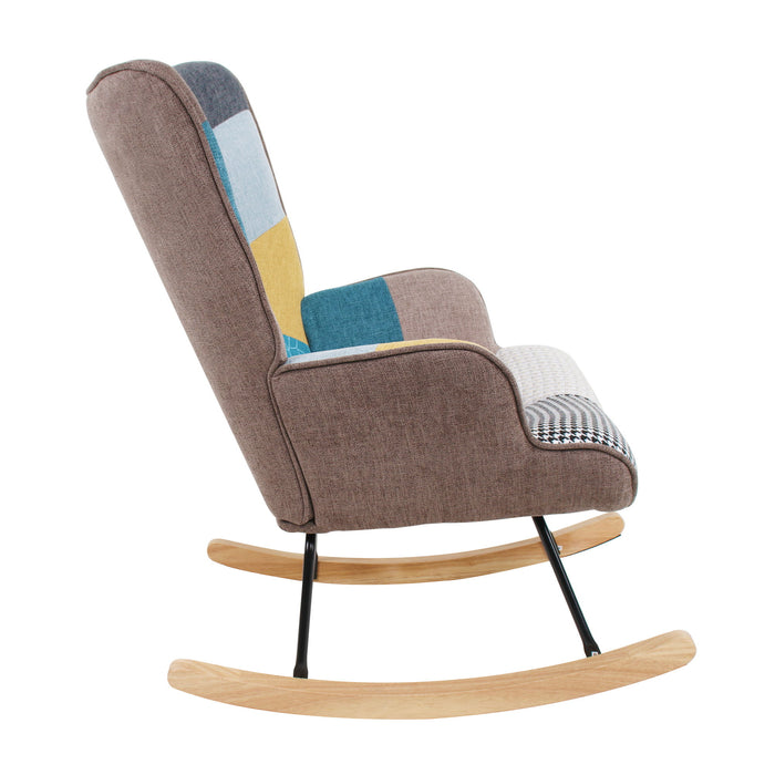 Rocking Chair With Ottoman, Mid Century Fabric Rocker Chair With Wood Legs And Patchwork Linen For Livingroom Bedroom - Colorful