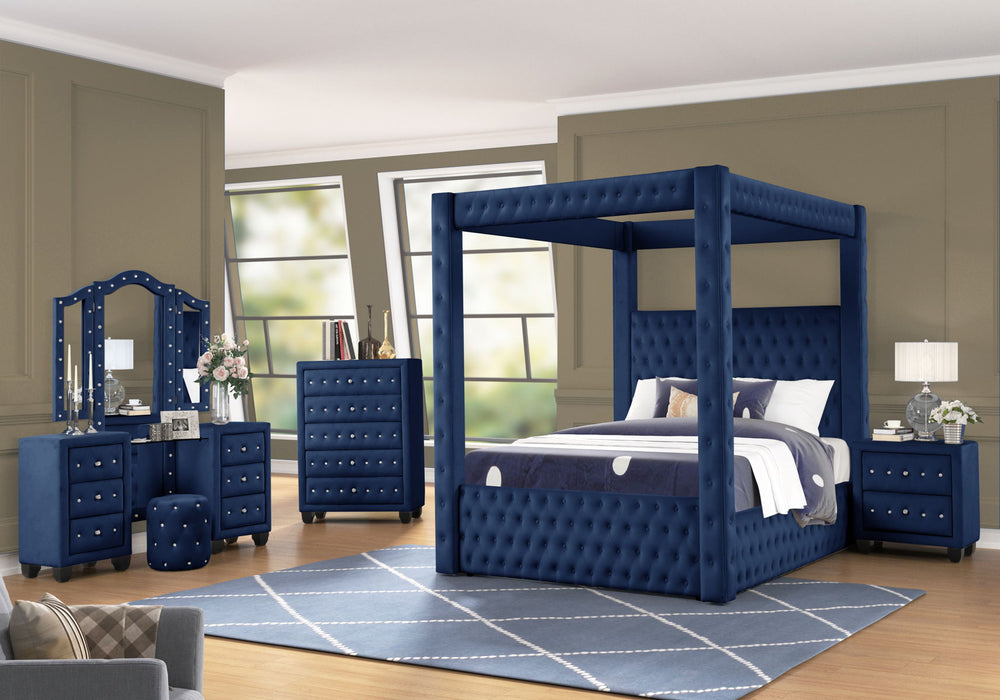 Monica Luxurious Four - Poster Queen 5 Pieces Vanity Bedroom Set Made With Wood In Navy