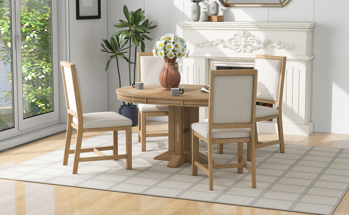 Trexm 5 Piece Dining Set Extendable Round Table And 4 Upholstered Chairs Farmhouse Dining Set For Kitchen, Dining Room (Natural Wood Wash)