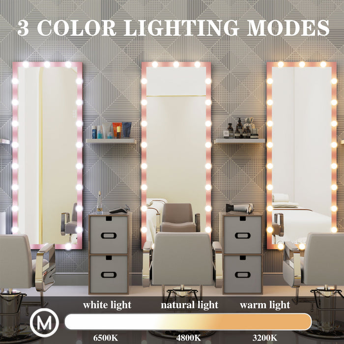 Luxury Wall Standing Bedroom Hotel Full Length Mirror With LED Bulbs Touch Control Full Body Dressing Pink Hollywood Vanity Mirror With 3 Color Lights
