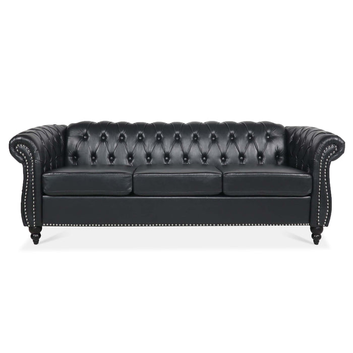 84.65" Black PU Rolled Arm Chesterfield Three Seater Sofa