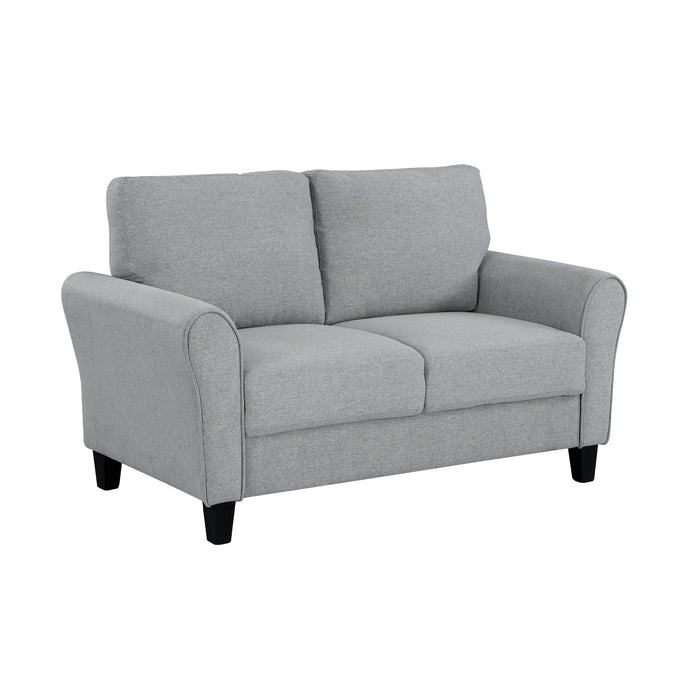 Modern 1 Piece Loveseat Dark Gray Textured Fabric Upholstered Rounded Arms Attached Cushions Transitional Living Room Furniture