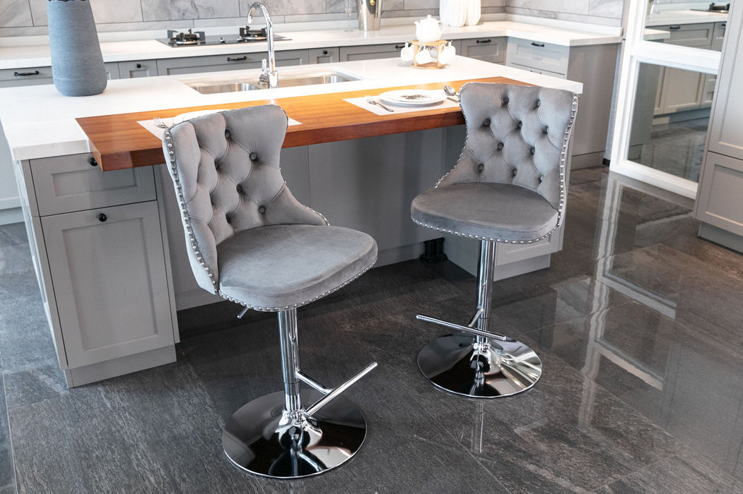 Swivel Velvet Barstools AdjUSAtble Seat Height From 25 - 33", Modern Upholstered Chrome Base Bar Stools With Backs Comfortable Tufted For Home Pub And Kitchen Island (Gray, (Set of 2)