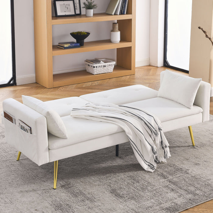 Convertible Sofa Bed, Adjustable Velvet Sofa Bed - Velvet Folding Lounge Recliner - Reversible Daybed - Ideal For Bedroom With Two Pillows And Center Leg - Beige