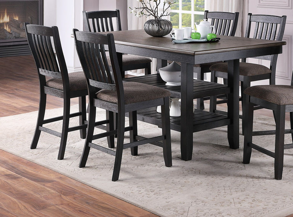 Transitional Dining Room 7 Piece Set Dark Coffee Rubberwood Counter Height Dining Table 2 Shelfs And 6 High Chairs Fabric Upholstered Seats Unique Back Counter Height Chairs