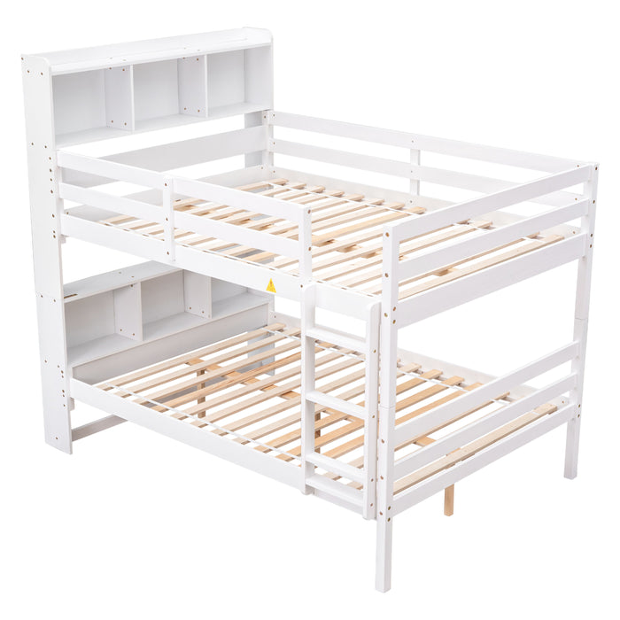 Full Over Full Bunk Beds With Bookcase Headboard, Safety Rail And Ladde - White