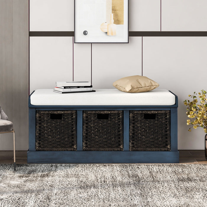 Trexm Rustic Storage Bench With 3 Removable Classic Rattan Basket, Entryway Bench With Removable Cushion (Antique Navy)