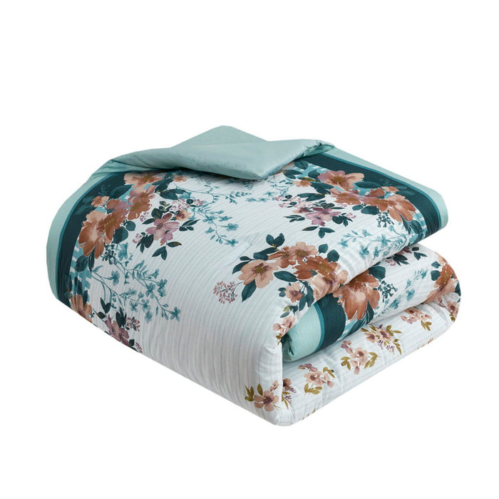 5 Piece Cotton Floral Comforter Set With Throw Pillows, Teal