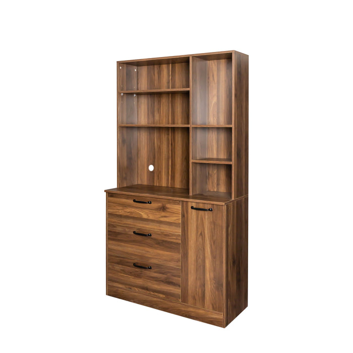 Large Kitchen Pantry Storage Cabinet With Drawers And Open Shelves - Walnut