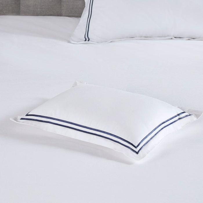 100% Cotton Sateen Embroidered Comforter Set, White / Navy