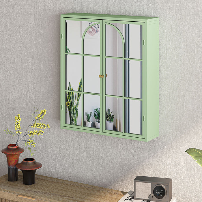 23.62" Vintage Two Door Wall Cabinet With Mirror, Three-Level Entrance Storage Space For Living Room, Bathroom, Dining Room, Green