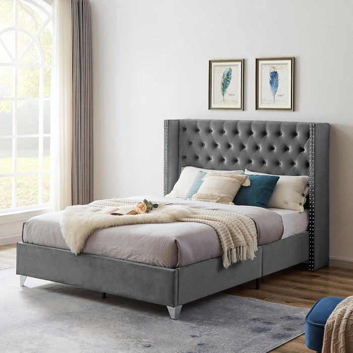 B100S Queen Bed, Button Designed Headboard, Strong Wooden Slats And Metal Support Feet - Gray Flannelette