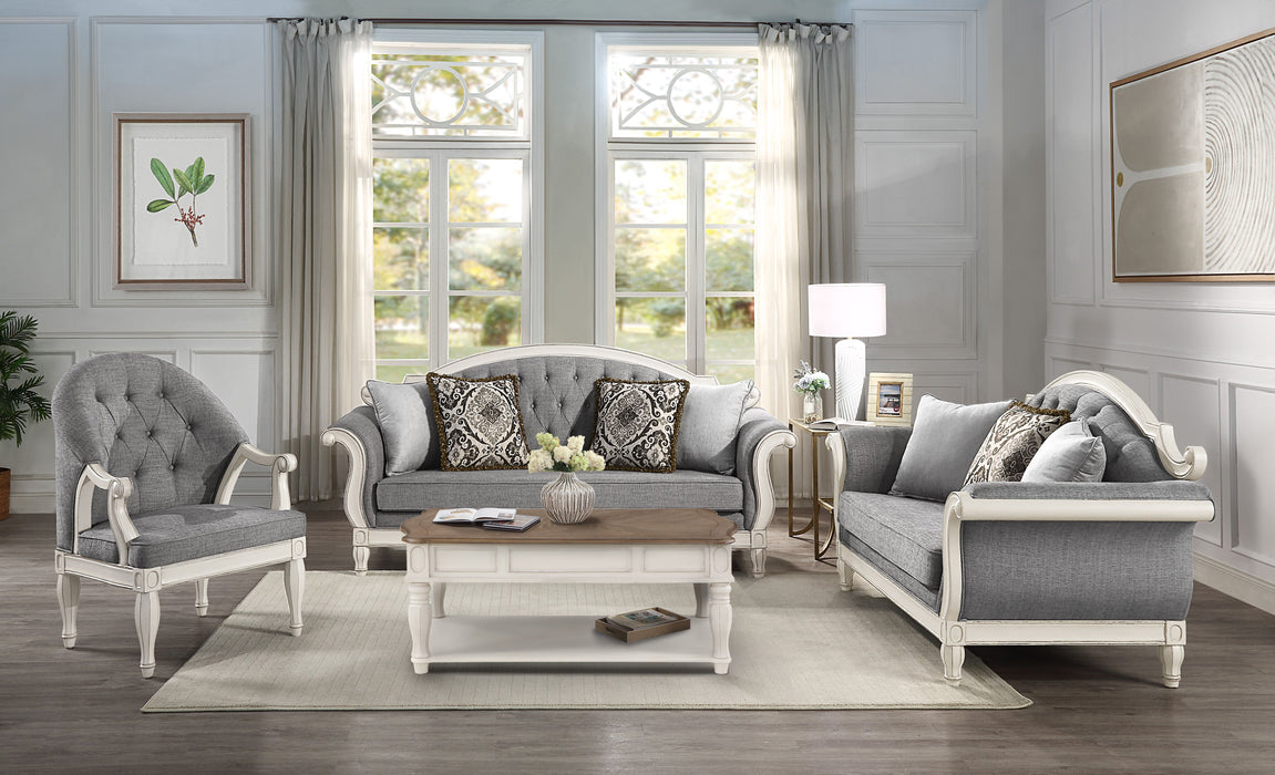 Acme Florian Sofa With 4 Pillows, Gray Fabric & Antique White Finish