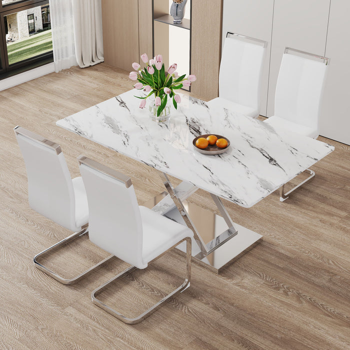 Modern White Rectangular Marble Textured Glass Dining Table And Office Desk Equipped With Stainless Steel Base Beautiful And Durable