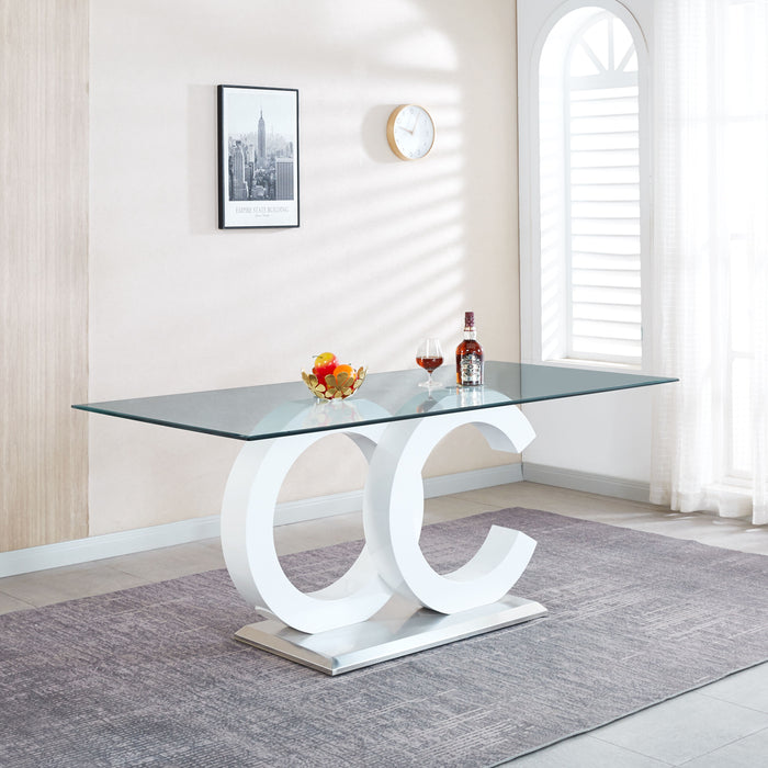 Tempered Glass Dining Table With Black MDF Middle Support And Stainless Steel Base For Modern Design - White
