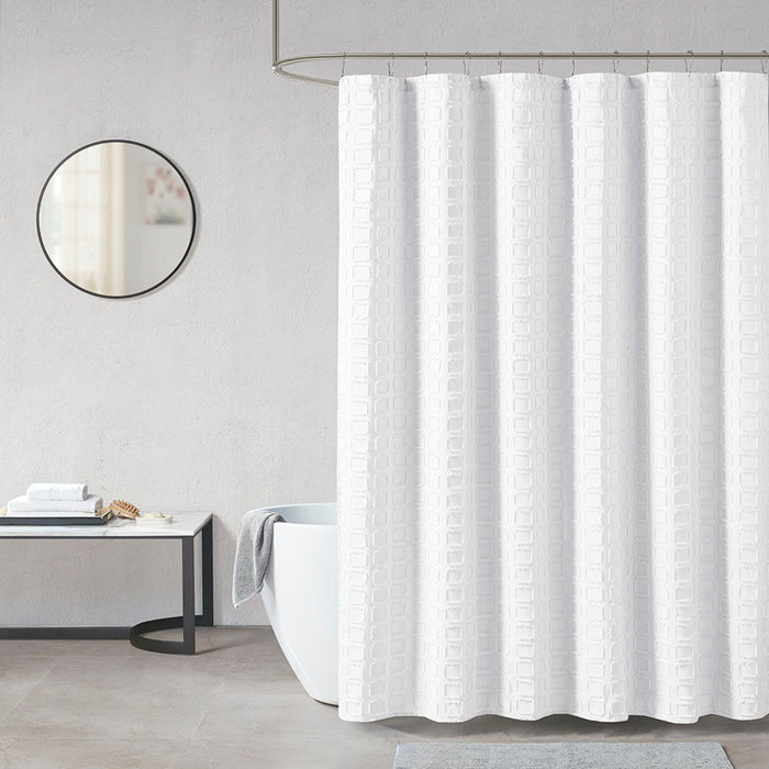 Woven Clipped Solid Shower Curtain - White