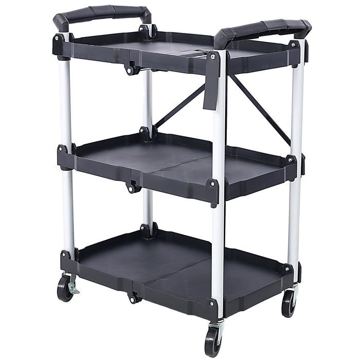 3 Layers Folding Collapsible Service Cart Pack-N-Roll Folding Collapsible Service Cart, Black, 50 Lb Load Capacity Per Shelf