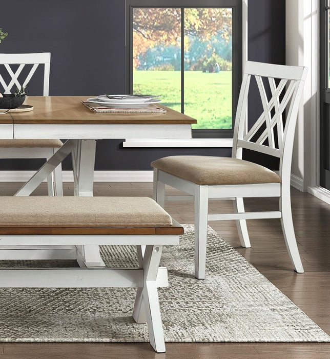Modern Style White And Oak Finish 6 Pieces Dining Set Table Extension Leaf Bench 4 Side Chairs X-Back Design Charming Traditional Dining Room Furniture