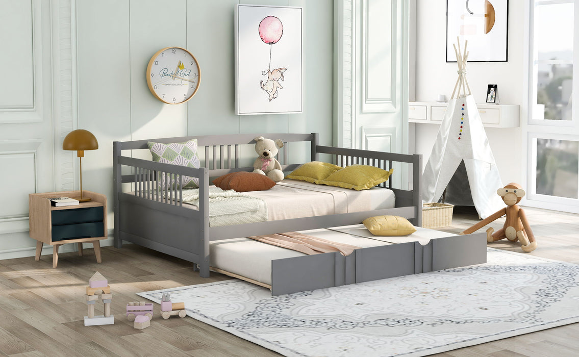 Full Size Daybed Wood Bed With Twin Size Trundle, Gray