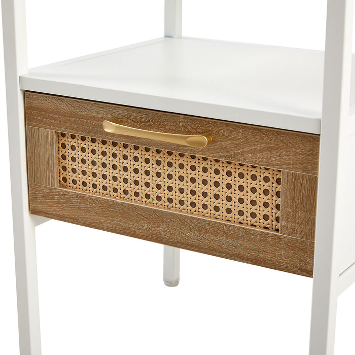 Rattan End Table With Drawer, Modern Nightstand, Metal Legs, Side Table For Living Room, Bedroom, White (1 Piece)