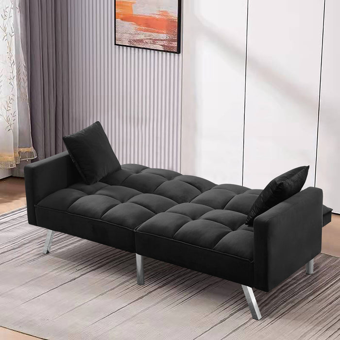 Futon Sofa Sleeper Velvet With 2 Pillows - Black