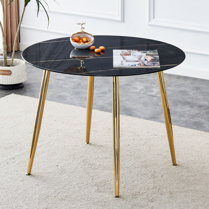A Modern Minimalist Circular Dining Table With A Diameter Of 40 Inches, A 0.3 Inch Thick Black Marble Patterned Glass TableTop And Gold-Plated Metal Legs