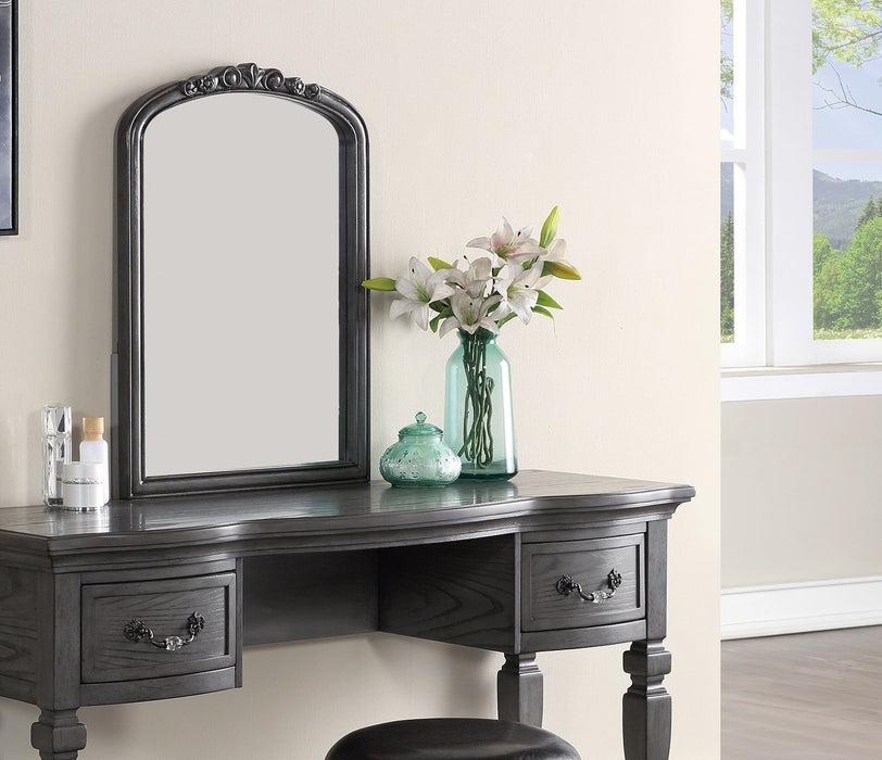 Bedroom Classic Vanity Set Wooden Carved Mirror Stool Drawers Antique Gray Finish