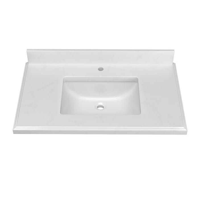 Quartz Vanity Top With Undermounted Rectangular Ceramic Sink & Backsplash, White Carrara Engineered Stone Countertop For Bathroom Kitchen Cabinet 1 Faucet Hole (Not Include Cabinet)