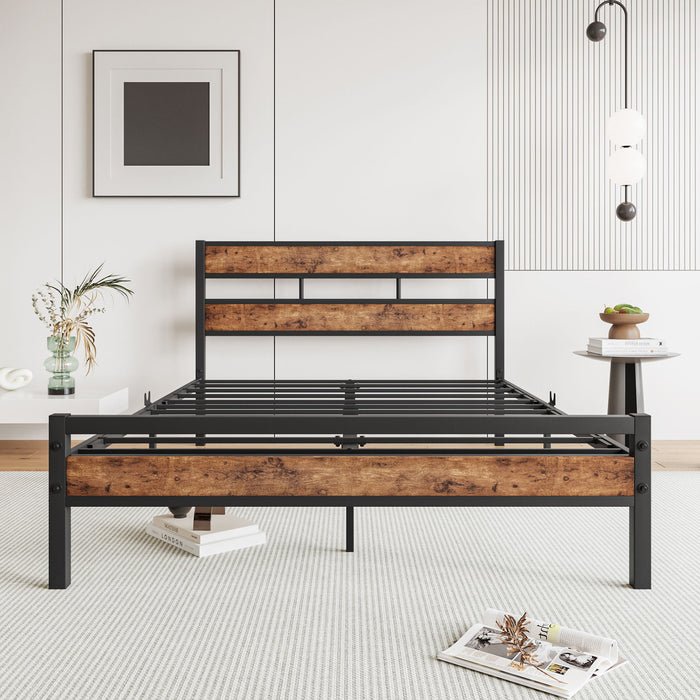 Full Size Platform Bed Frame With Wood Headboard, Strong Metal Slats Support, No Box Spring Needed - Rustic Vintage