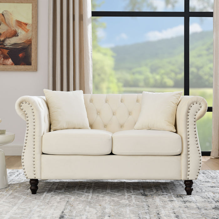 58.8" Chesterfield Sofa Beige Velvet For Living Room, 2 Seater Sofa Tufted Couch With Rolled Arms And Nailhead For Living Room, Bedroom, Office, Apartment, Two Pillows