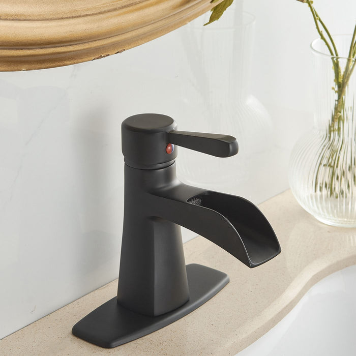 Waterfall Single Hole Single Handle Low Arc Bathroom Sink Faucet With Pop Up Drain Assembly In Matte Black
