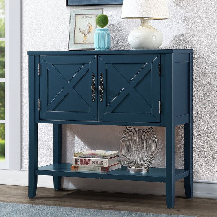 Farmhouse Wood Buffet Sideboard Console Table With Bottom Shelf And 2 - Door Cabinet, For Living Room, Entryway, Kitchen Dining Room Furniture Navy Blue