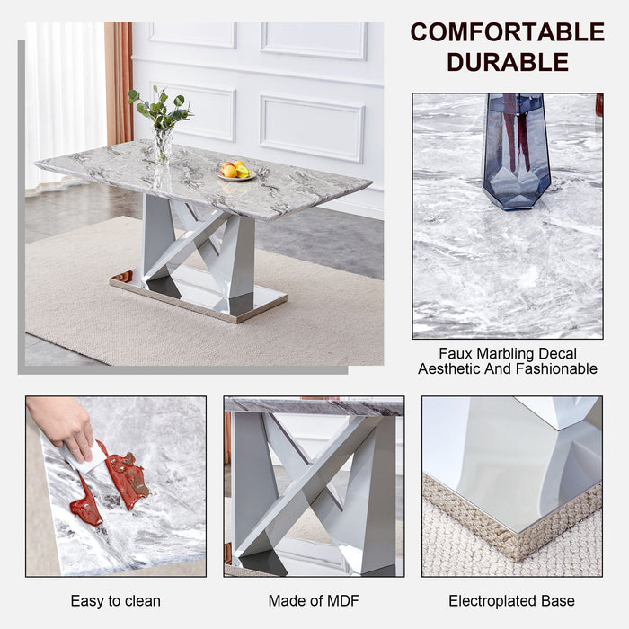 Modern Grey Mdf Faux Marble Dining Table With White Double V-Shaped Supports And Plating Metal Base - Spacious, Easy To Clean, Perfect For 6-8 People