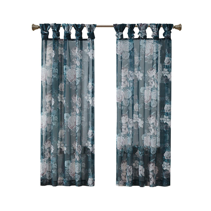 Printed Floral Twist Tab Top Voile Sheer Curtain - Navy