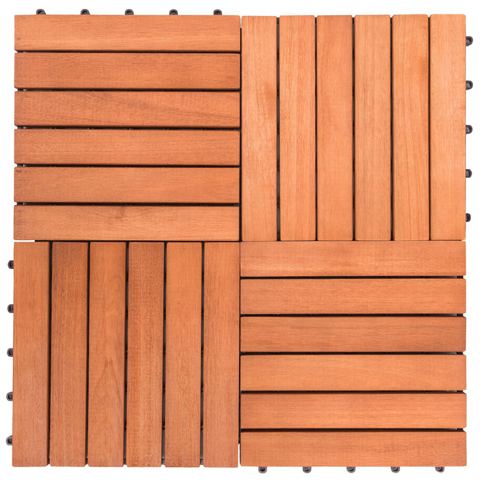 Outdoor Patio 6 Slat Eucalyptus Interlocking Deck Tile (Set of 10 Tiles)