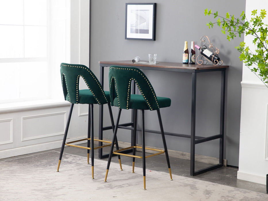 Akoya Collection Modern Contemporary Velvet Upholstered Connor 28" Bar Stool & Counter Stools With Nailheads And Gold Tipped Black Metal Legs, (Set of 2) (Green)