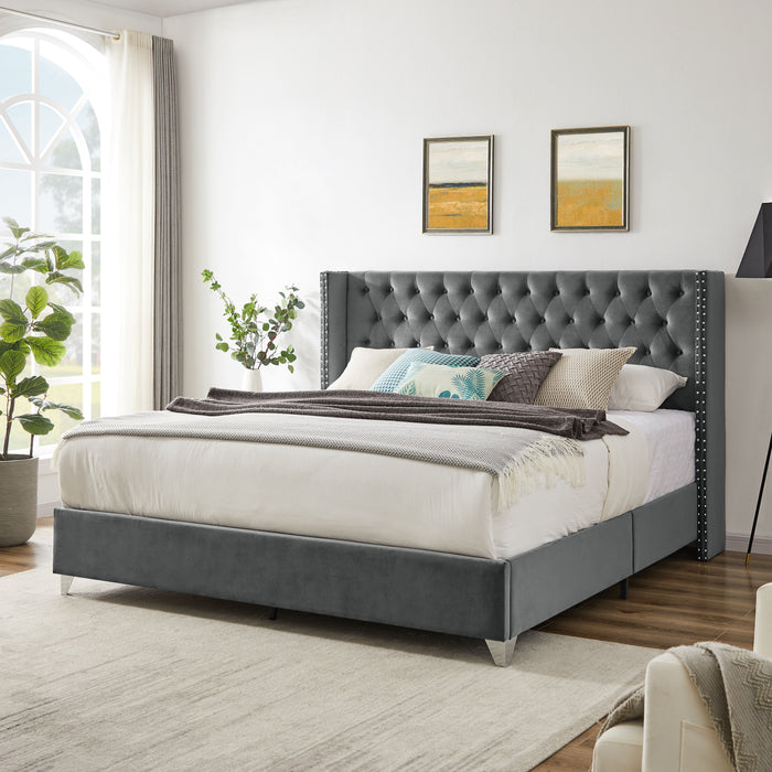 B100S King Bed, Button Designed Headboard, Strong Wooden Slats And Metal Legs With Electroplate - Gray