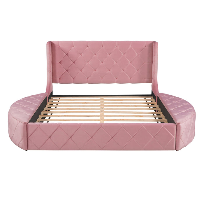 Upholstered Platform Bed Queen Size Storage Velvet Bed With Wingback Headboard And 1 Big Drawer, 2 Side Storage Stool (Pink)