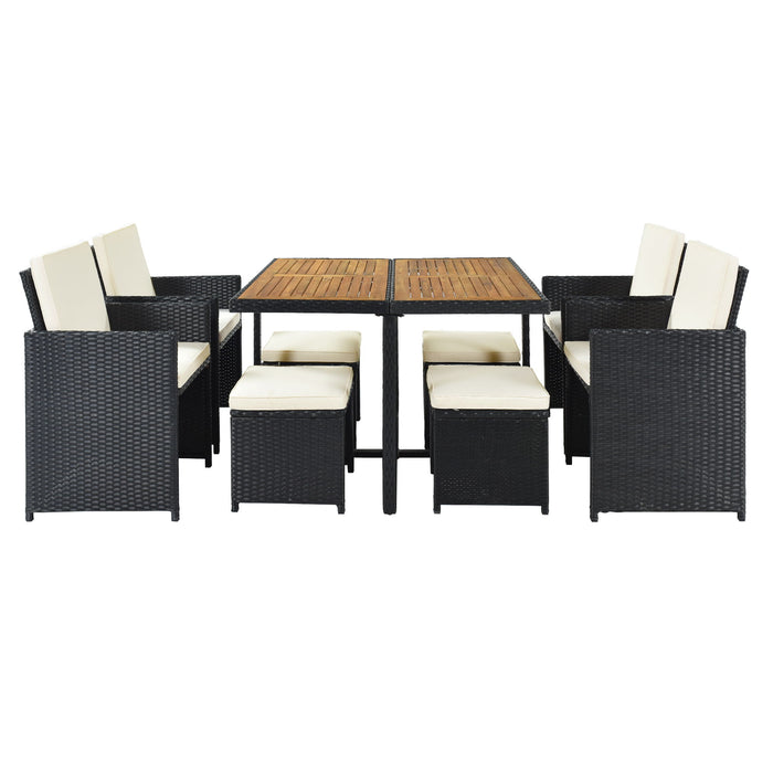 Topmax Patio All-Weather PE Wicker Dining Table Set With Wood Tabletop For 8, Black Rattan + Beige Cushion (9 Piece)