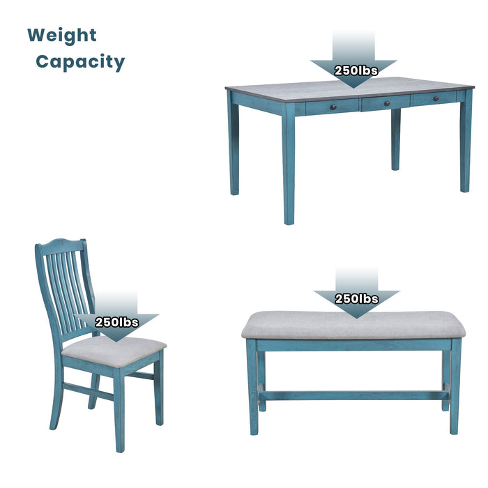 Top max Mid-Century 6 Piece Wood Dining Table Set, Kitchen Table Set With Drawer, Upholstered Chairs And Bench, Antique Blue