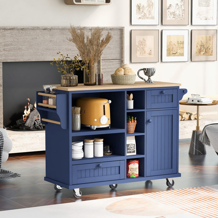 Kitchen Island Cart With Storage Cabinet And Two Locking Wheels, Solid Wood Desktop, Microwave Cabinet, Floor Standing Buffet Server Sideboard For Kitchen Room, Dining Room,, Bathroom (Dark Blue)