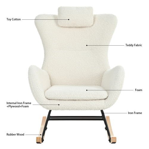 Modern Rocking Chair With High Backrest, Teddy Material Comfort Arm Rocker, Lounge Armchair For Living Room