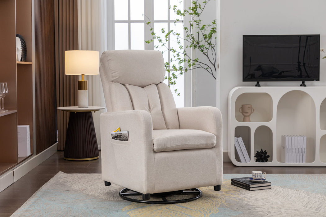 Linen Fabric Swivel Rocking Chair Gilder Chair With Pocket, Beige