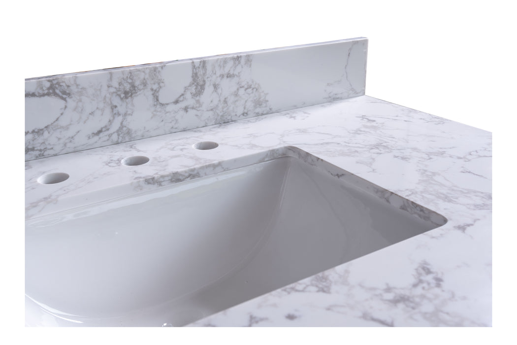 Montary 49" X22" Bathroom Stone Vanity Top Engineered Stone Carrara White Marble Color With Rectangle Undermount Ceramic Sink And 3 Faucet Hole With Back Splash .