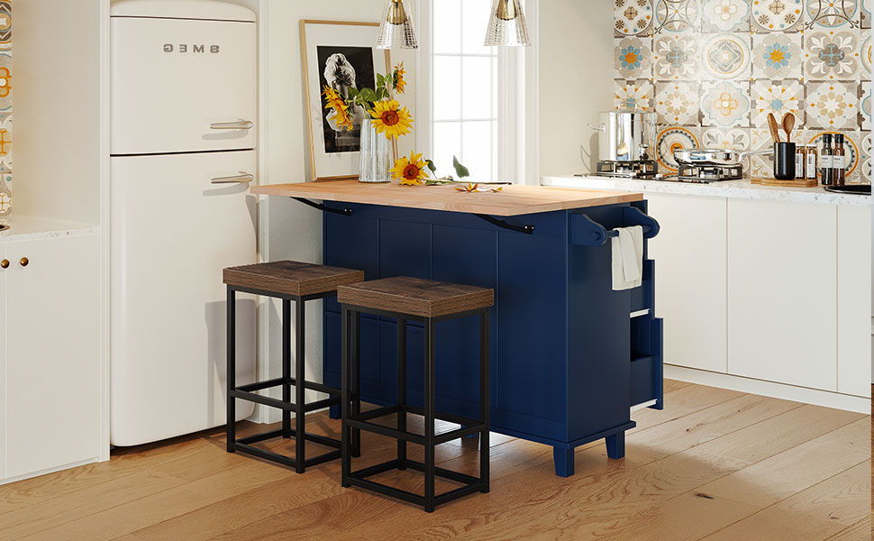 Topmax Farmhouse Kitchen Island Set With Drop Leaf And 2 Seatings, Dining Table Set With Storage Cabinet, Drawers And Towel Rack, Blue / Black / Brown