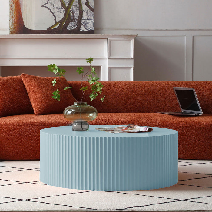 Handcrafted Round Coffee Table End Table With Elegant Relief Detailing, Light Blue