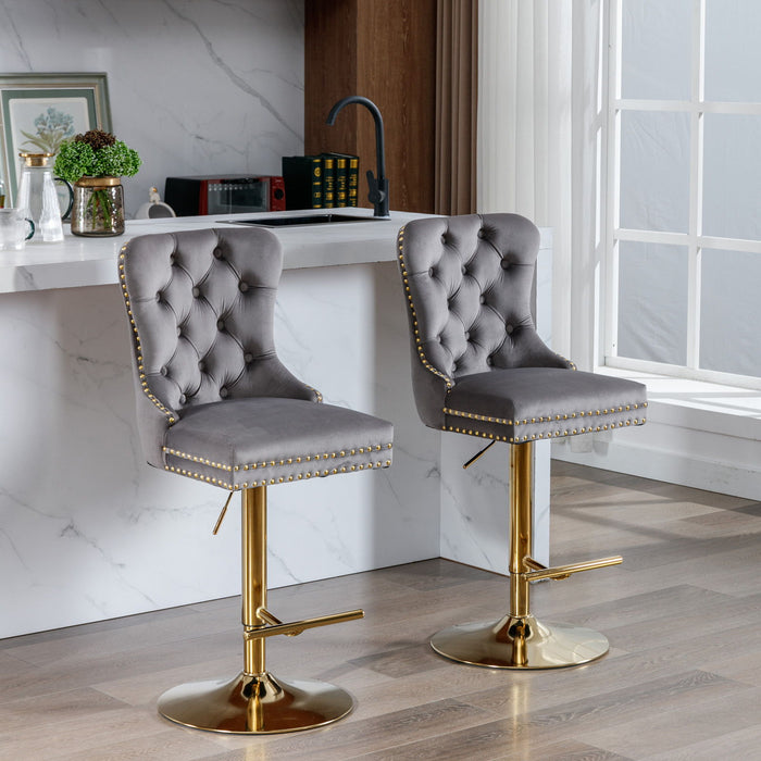 A&A Furniture, Thick Golden Swivel Barstools Adjusatble Seat Height From, Modern Upholstered Bar Stools With Backs Comfortable Tufted For Home Pub And Kitchen Island Gray (Set of 2)