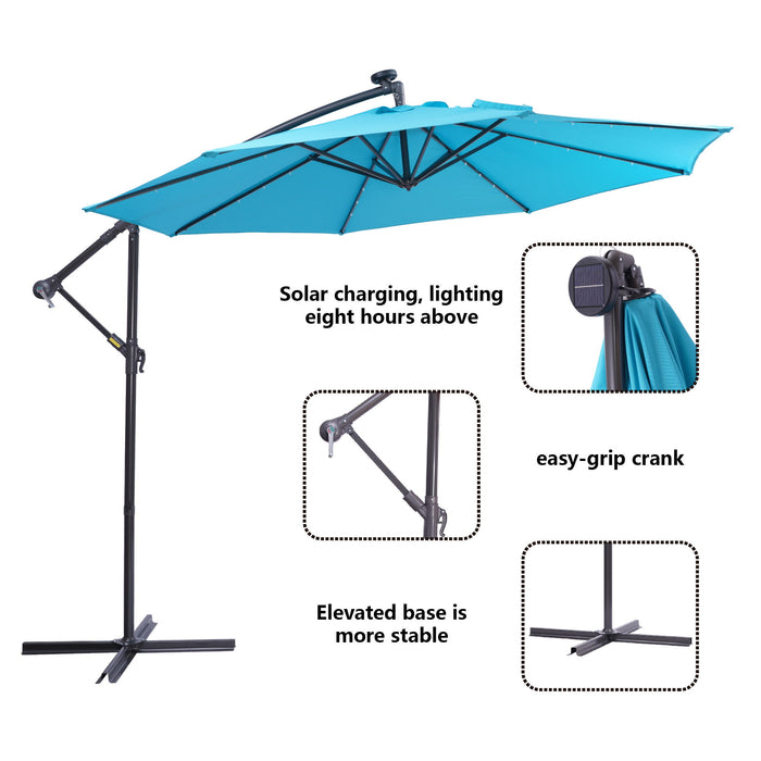 10 Ft Solar LED Patio Outdoor Umbrella Hanging Cantilever Umbrella Offset Umbrella Easy Open Adustment With 32 LED Lights - Blue