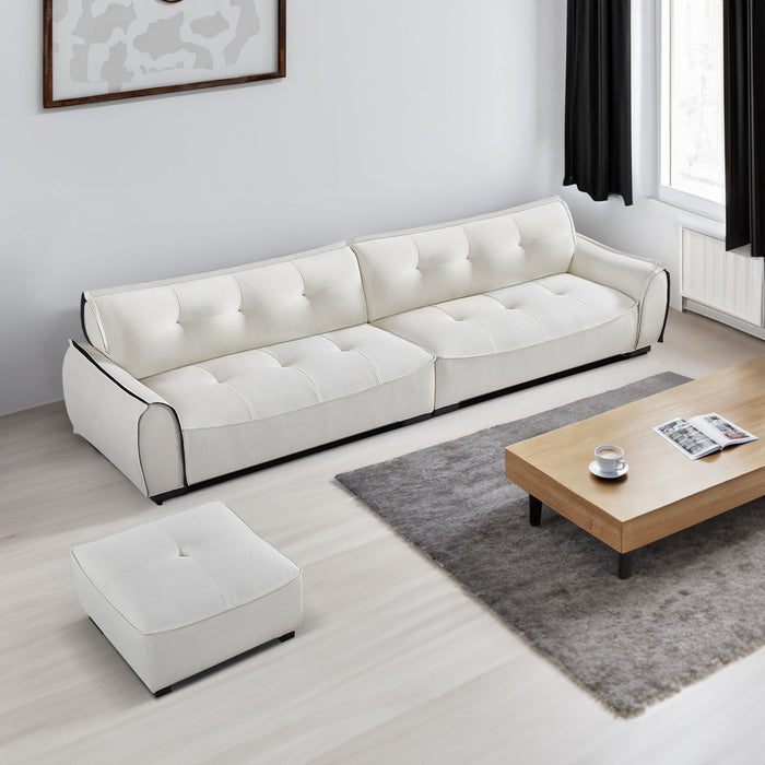 High Quality Fleece Sofa, 4 Seater Modern Sofa Couch With Ottoman, Comfy Upholstered Living Room Sofa With 4 Pillows - White